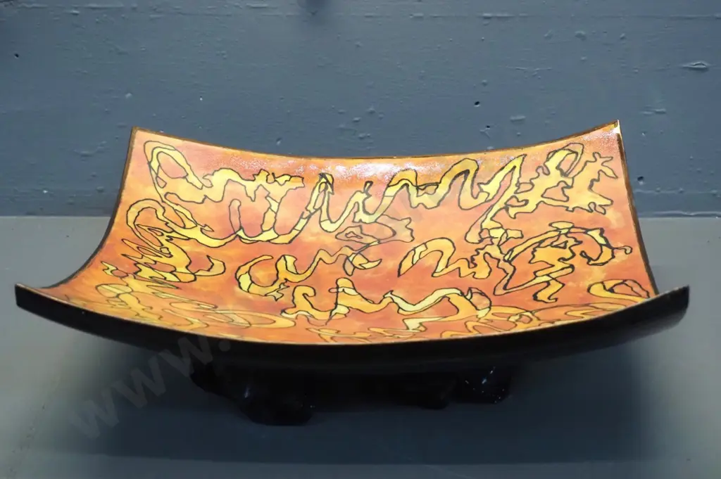Danny Moorwood studio pottery shallow footed square bowl - black with orange and yellow motifs 330 x 330 Image 1++