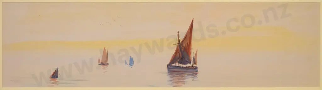 illegible signature - framed watercolour - boats on water H-140 W-520 Image 1++