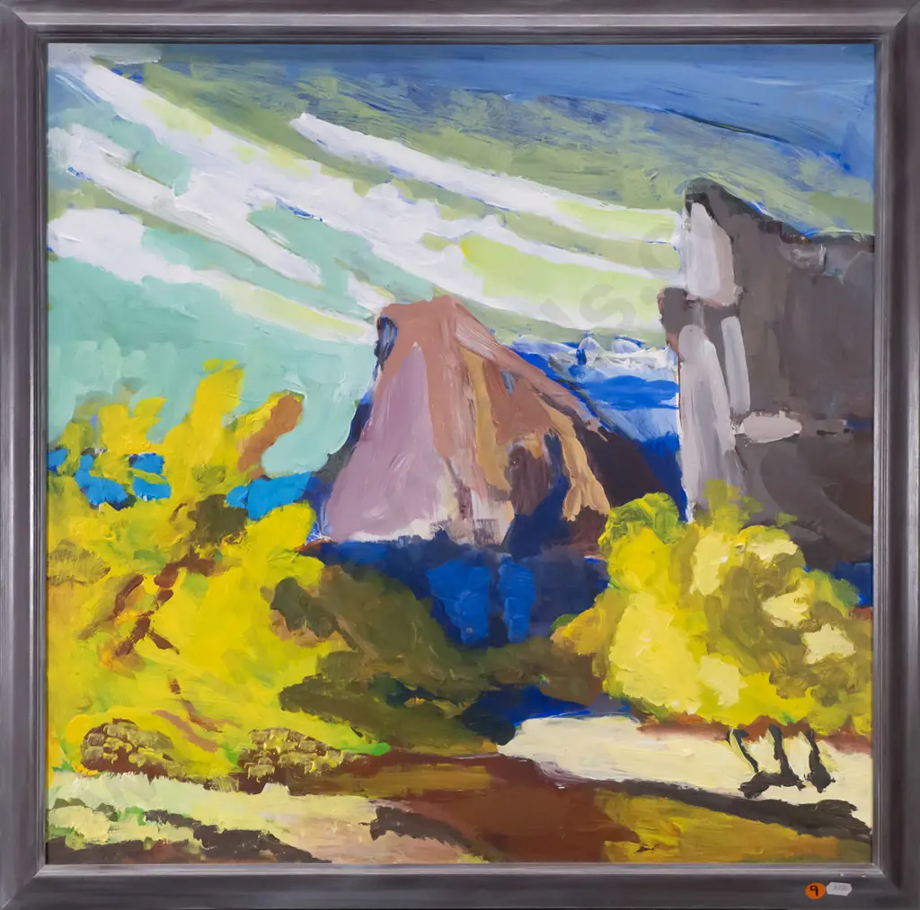 Josie Hibbs framed acrylic on board "Mountain Scene" H-560 W-560 Image 1++