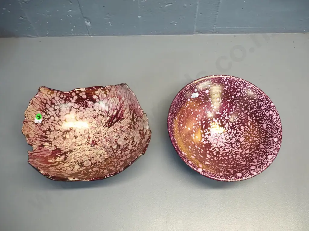 2 pieces Danny Moorwood studio pottery - black with wine and pink inner - free form footed bowl L260 and round bowl D250 Image 1++