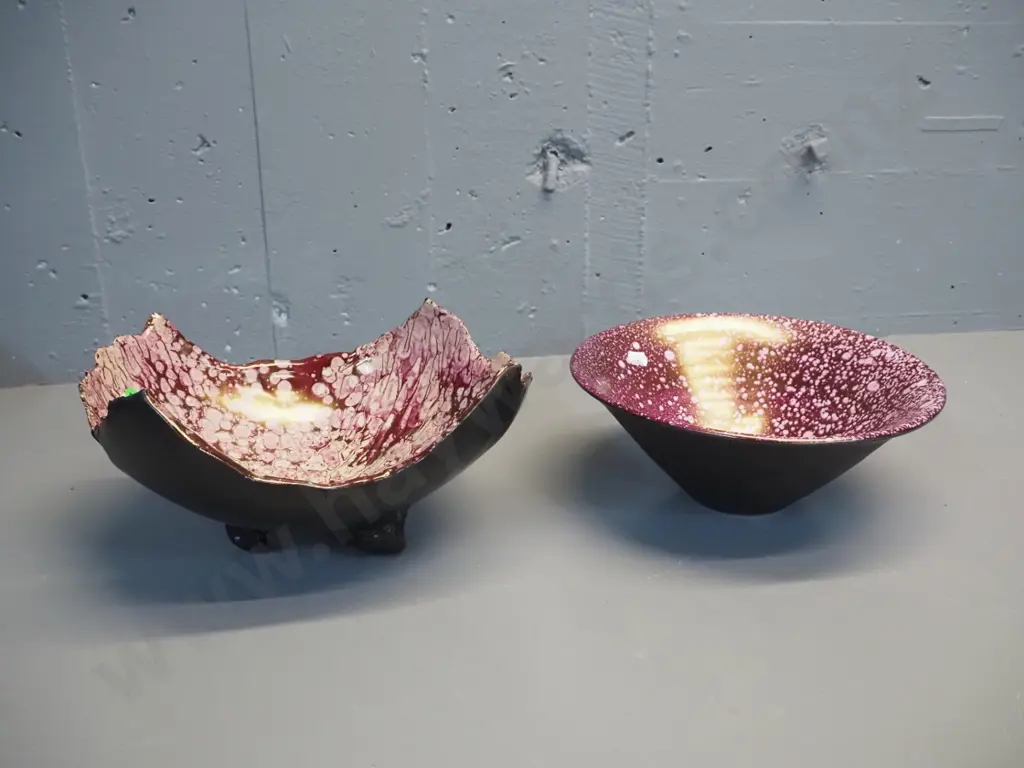 2 pieces Danny Moorwood studio pottery - black with wine and pink inner - free form footed bowl L260 and round bowl D250 Image 1++