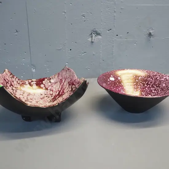 2 pieces Danny Moorwood studio pottery - black with wine and pink inner - free form footed bowl L260 and round bowl D250