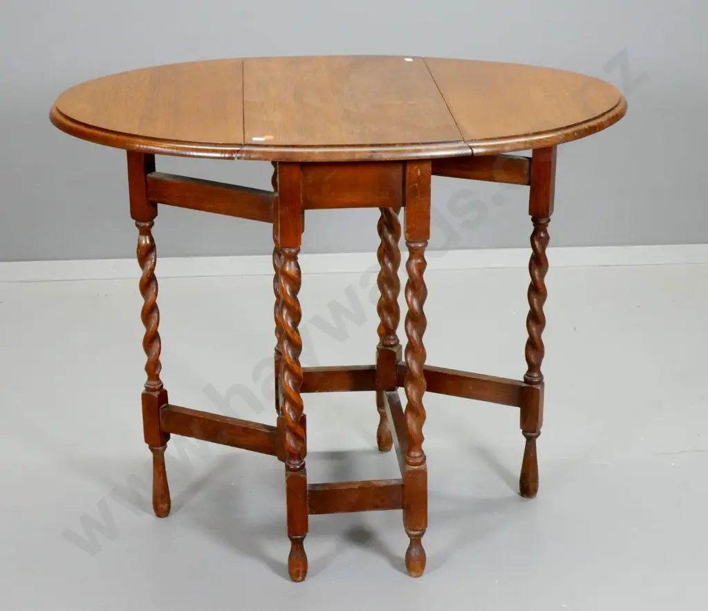 vintage oak oval drop-side table with Jacobean twist legs H730 L900 open W-600 Image 1++