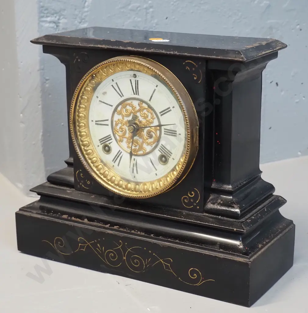 metal-cased Ansonia mantel clock in restorer's condition - working well,paint loss, corrosion, damage to paper dial face Image 1++