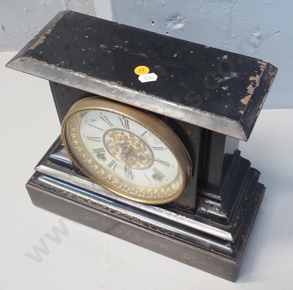 metal-cased Ansonia mantel clock in restorer's condition - working well,paint loss, corrosion, damage to paper dial face Image 1++