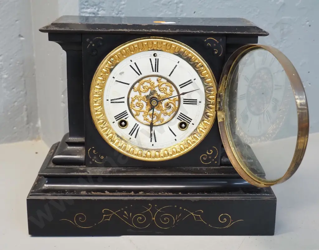 metal-cased Ansonia mantel clock in restorer's condition - working well,paint loss, corrosion, damage to paper dial face Image 1++