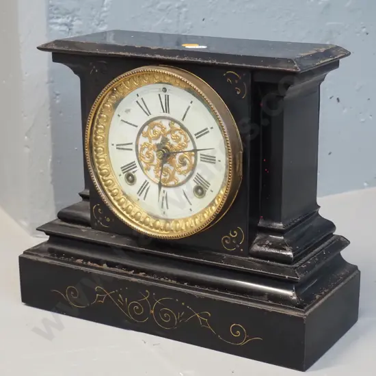 metal-cased Ansonia mantel clock in restorer's condition - working well,paint loss, corrosion, damage to paper dial face