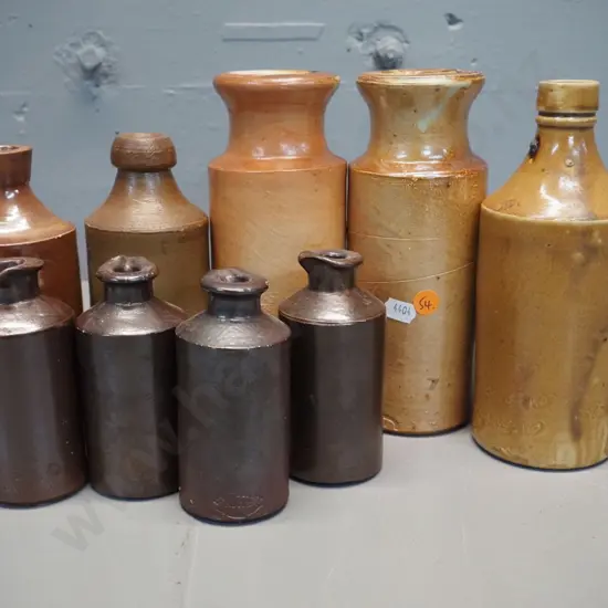 assorted salt-glazed pottery ink bottles - Lovatt & Lovatt, Joseph Bourne, Caledonian, Doulton Lambeth, Giesen Blue