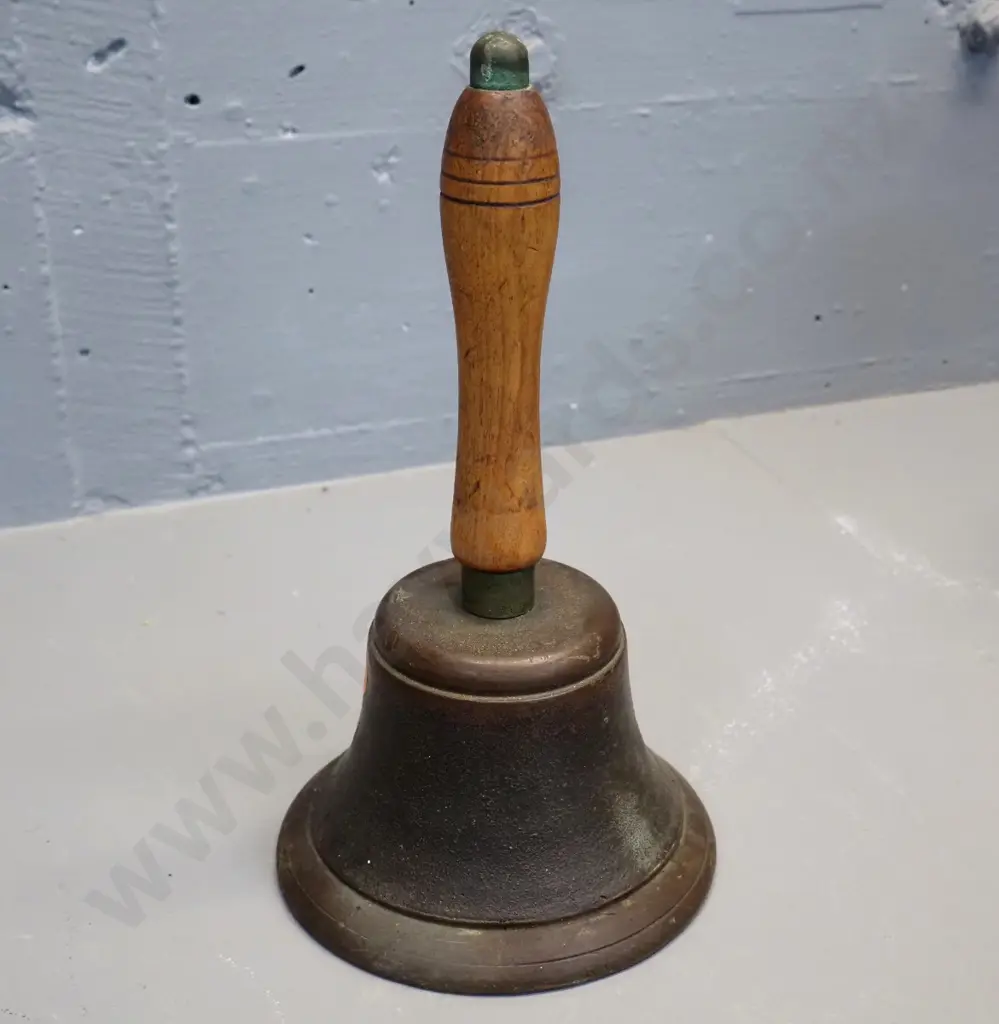 vintage cast brass school bell with timber handle H-270 Image 1++
