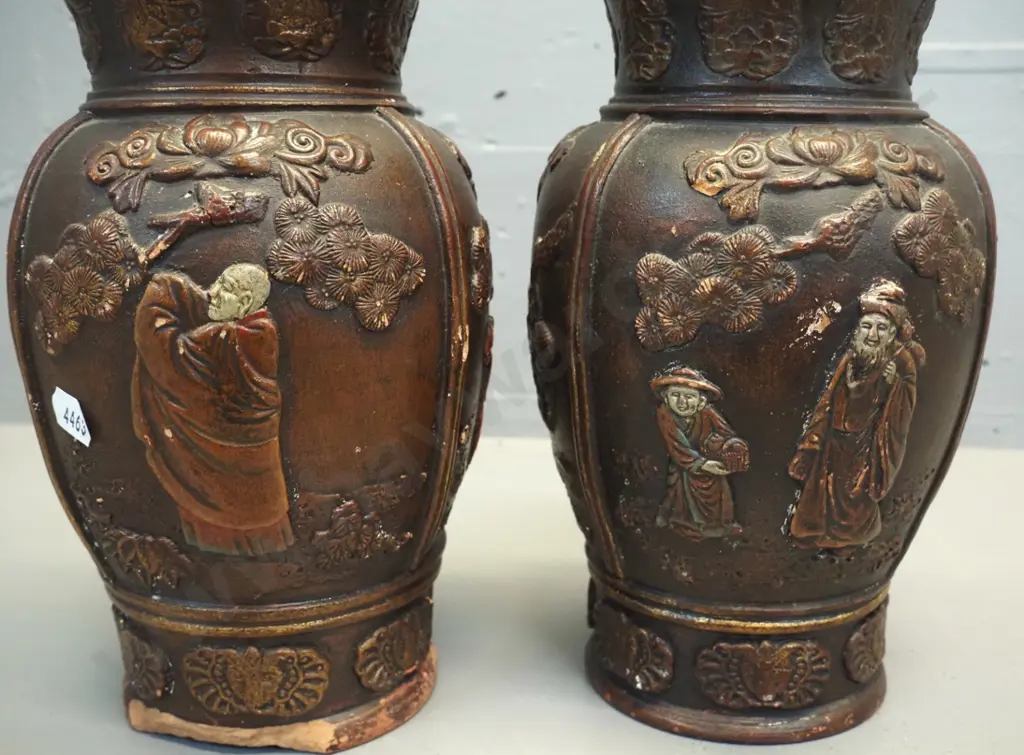 pair of vintage asian terracotta copper glaze figural relief vases - chips and wear H240 D140 Image 1++