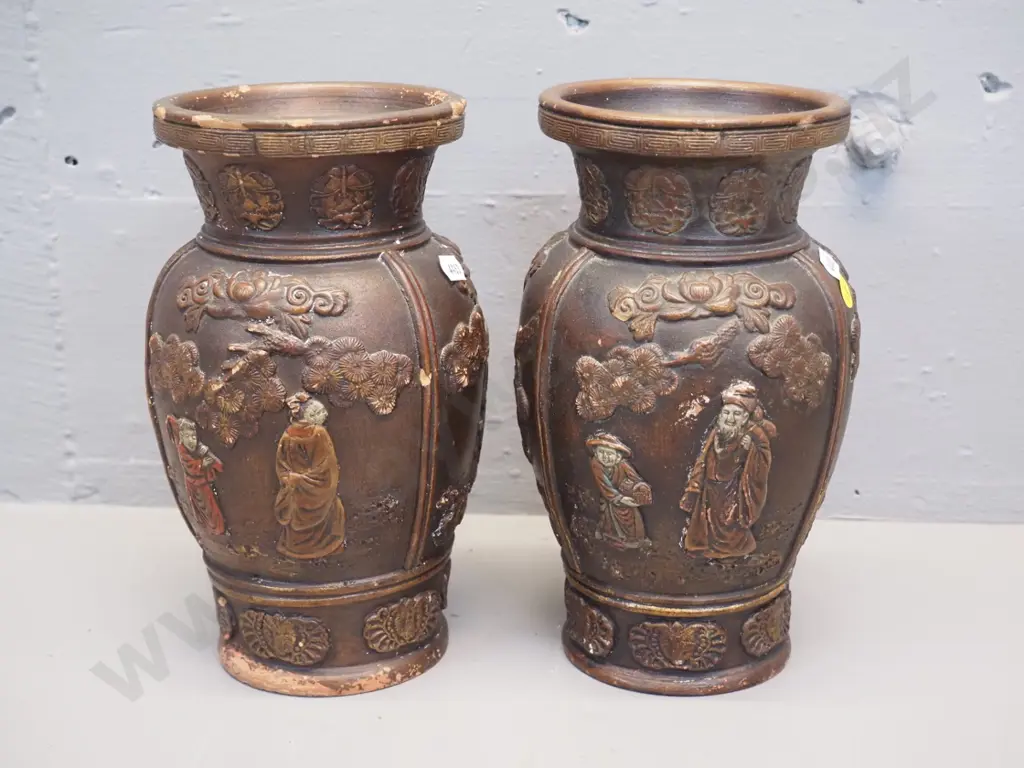 pair of vintage asian terracotta copper glaze figural relief vases - chips and wear H240 D140 Image 1++