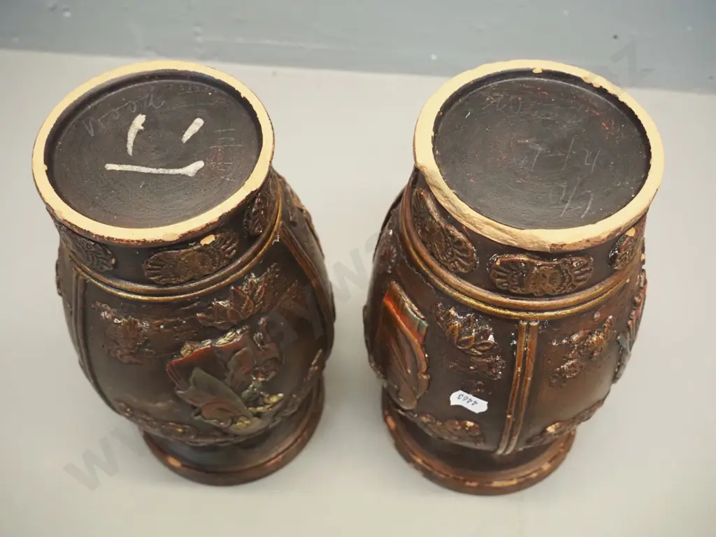 pair of vintage asian terracotta copper glaze figural relief vases - chips and wear H240 D140 Image 1++