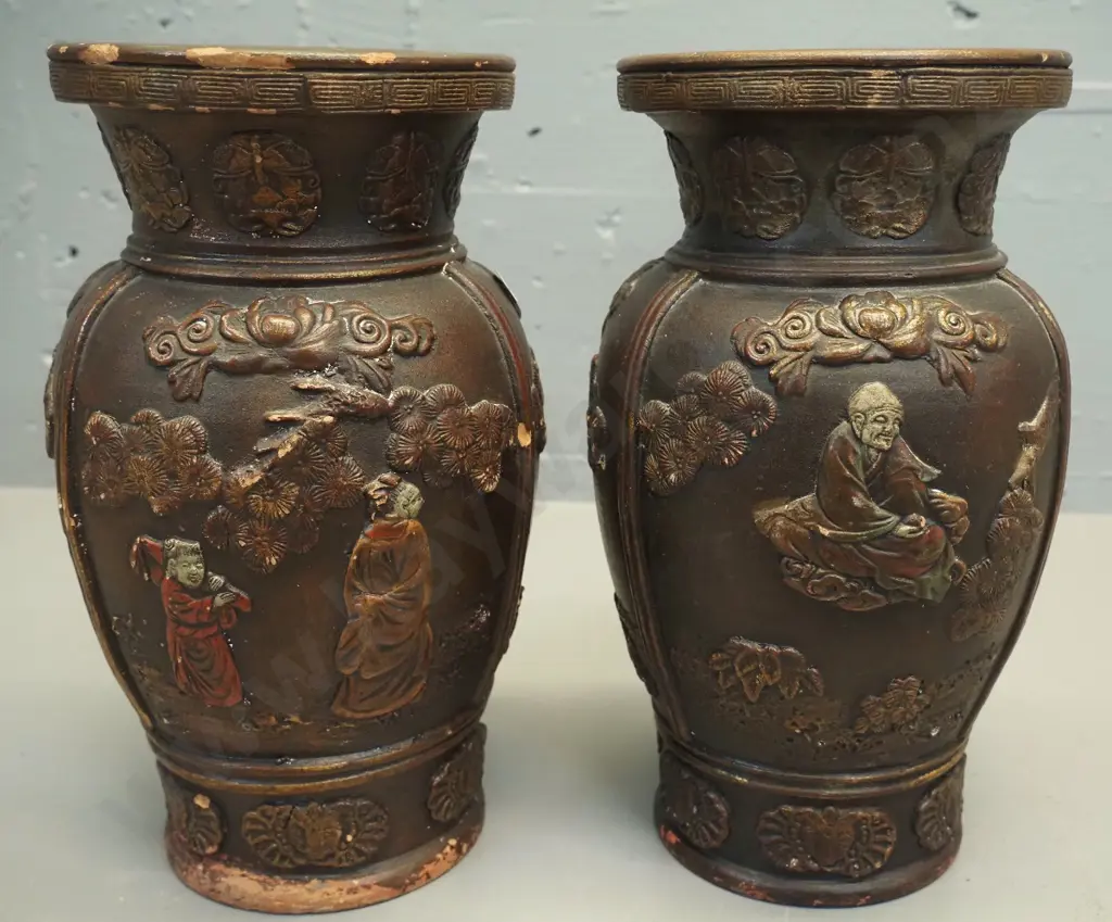 pair of vintage asian terracotta copper glaze figural relief vases - chips and wear H240 D140 Image 1++