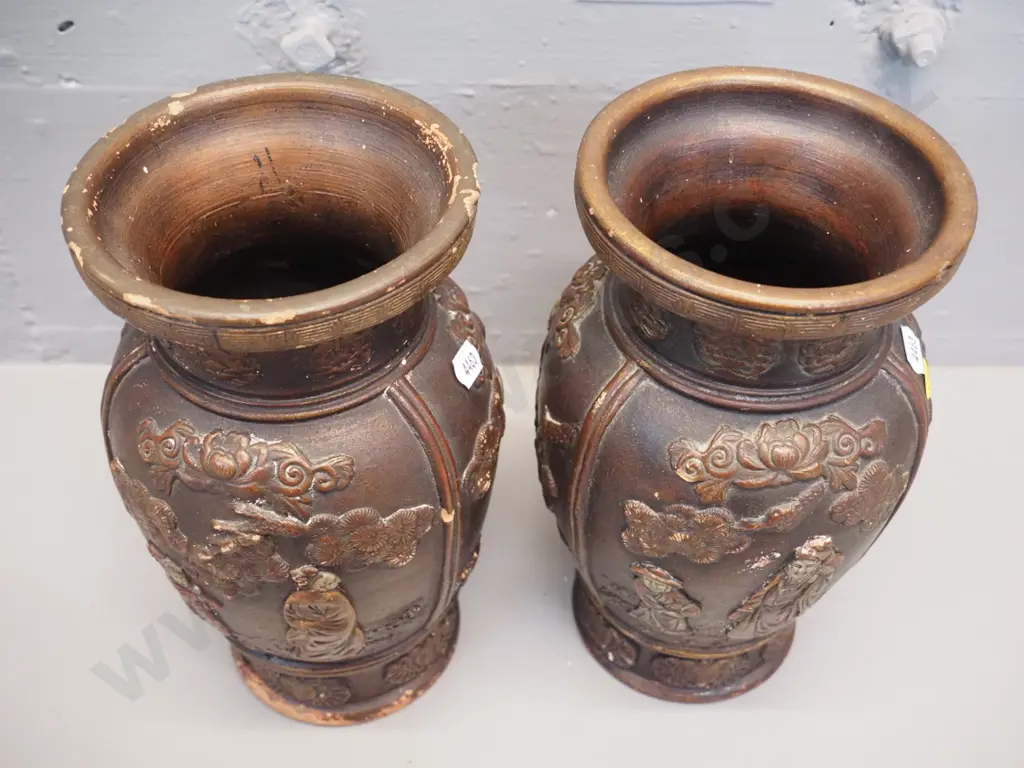 pair of vintage asian terracotta copper glaze figural relief vases - chips and wear H240 D140 Image 1++