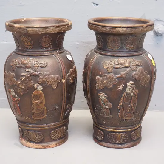 pair of vintage asian terracotta copper glaze figural relief vases - chips and wear H240 D140