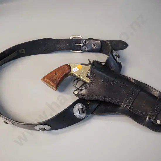 replica / decorative revolver in leather holster - marked BKA217, holster monogrammed SCC. Gun L-330