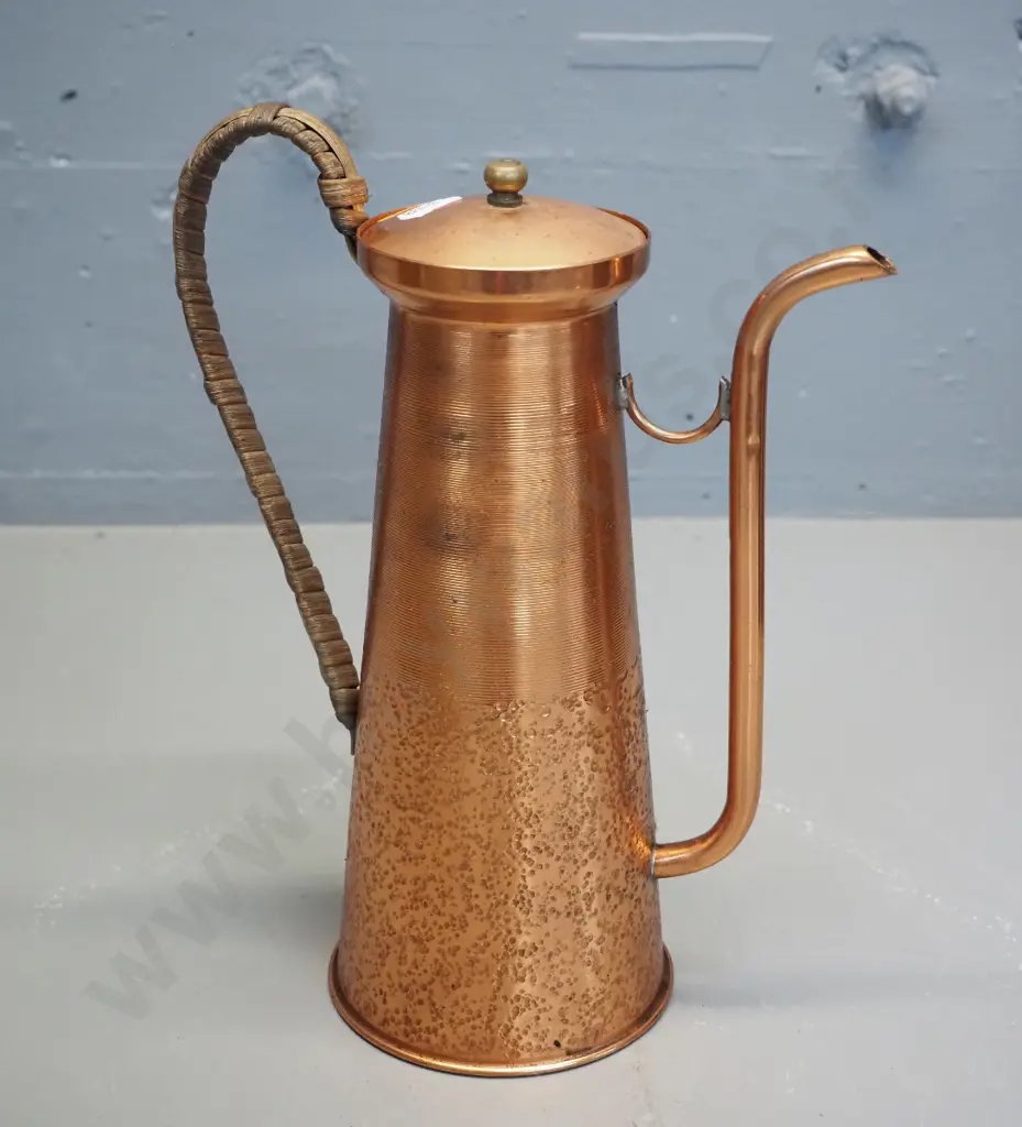 ornamental beaten copper coffee pot with cane-covered handle H260 W-190 Image 1++