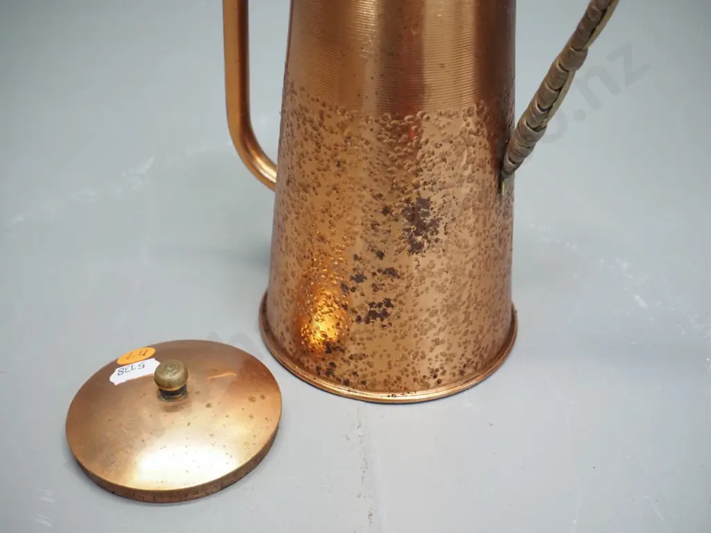 ornamental beaten copper coffee pot with cane-covered handle H260 W-190 Image 1++