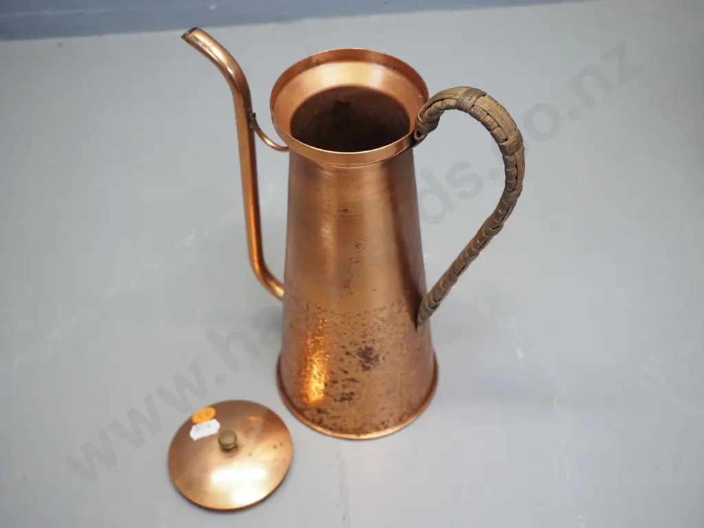ornamental beaten copper coffee pot with cane-covered handle H260 W-190 Image 1++