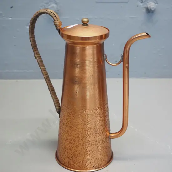 ornamental beaten copper coffee pot with cane-covered handle H260 W-190