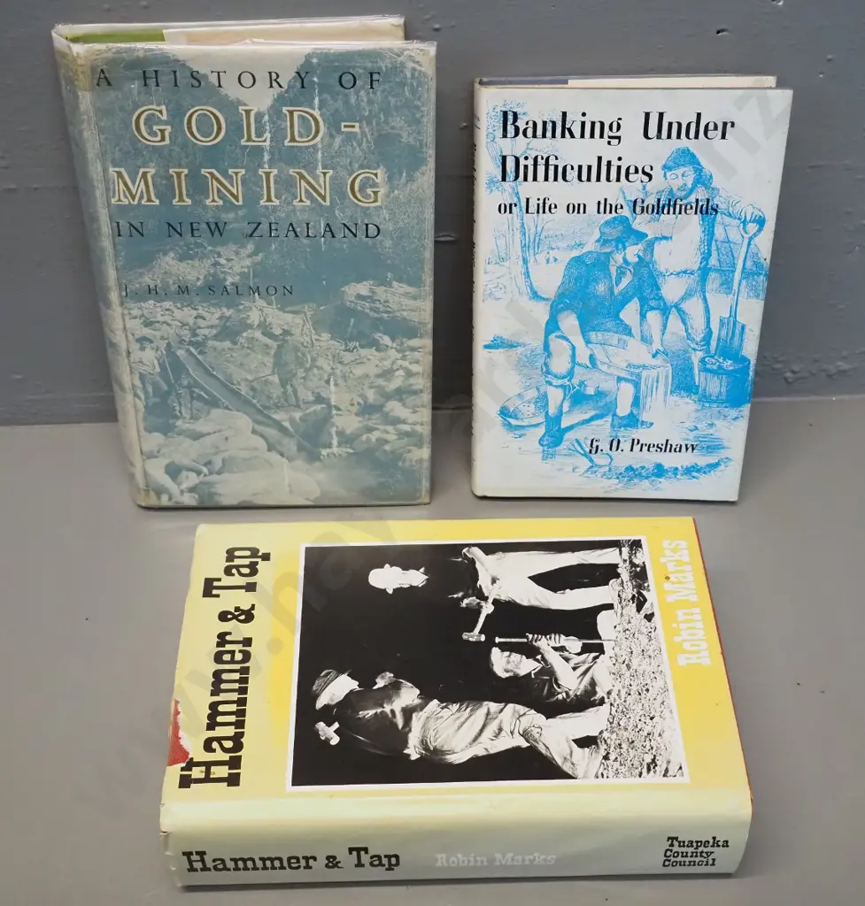 3 books - New Zealand gold mining titles - History of Gold Mining, Hammer and Tap, Banking Under Difficulties. Some wear Image 1++