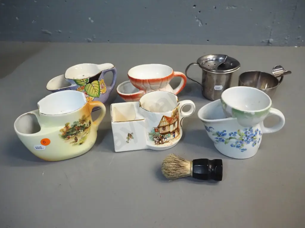 collection of vintage shaving mugs - 5 china and 2 silver plate, plus a brush with a bakelite handle Image 1++
