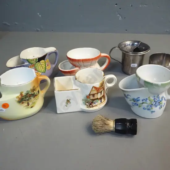collection of vintage shaving mugs - 5 china and 2 silver plate, plus a brush with a bakelite handle