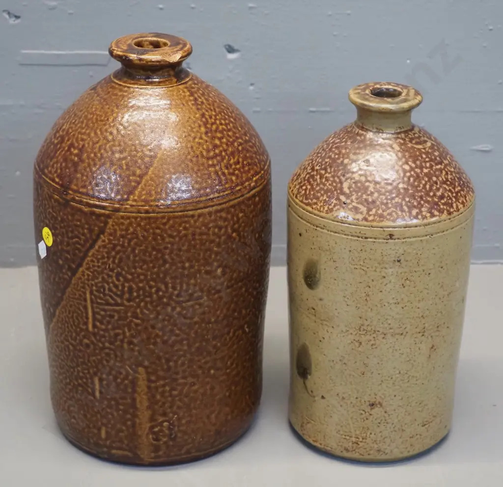 2 narrow mouth stoneware crocks, no marks but one with chip has Luke Adams written in pen on bottom H-310 D-170 Image 1++