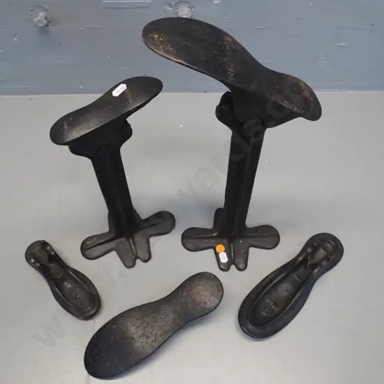 vintage cast iron adjustable-angle shoe lasts - 5 different sizes and 2 stands, tallest is H-360