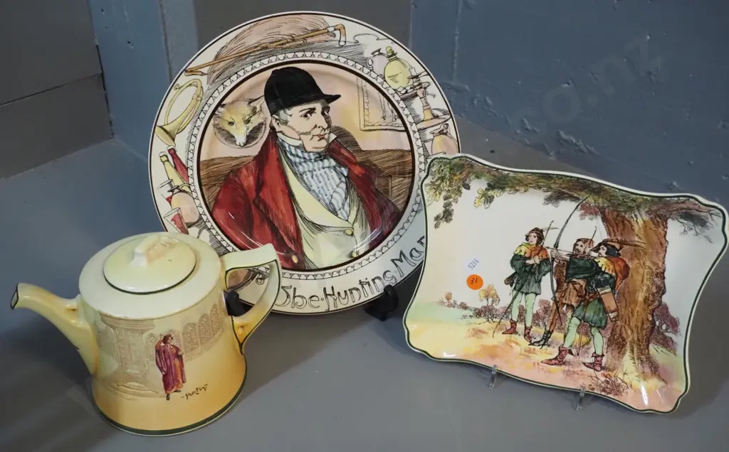 3 pieces Royal Doulton: Under the Greenwood Tree plate, Hunting Man plate, Portia teapot with crazing/staining Image 1++