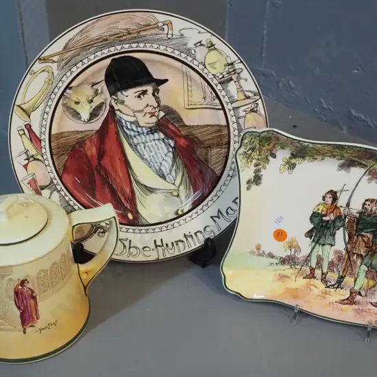 3 pieces Royal Doulton: Under the Greenwood Tree plate, Hunting Man plate, Portia teapot with crazing/staining