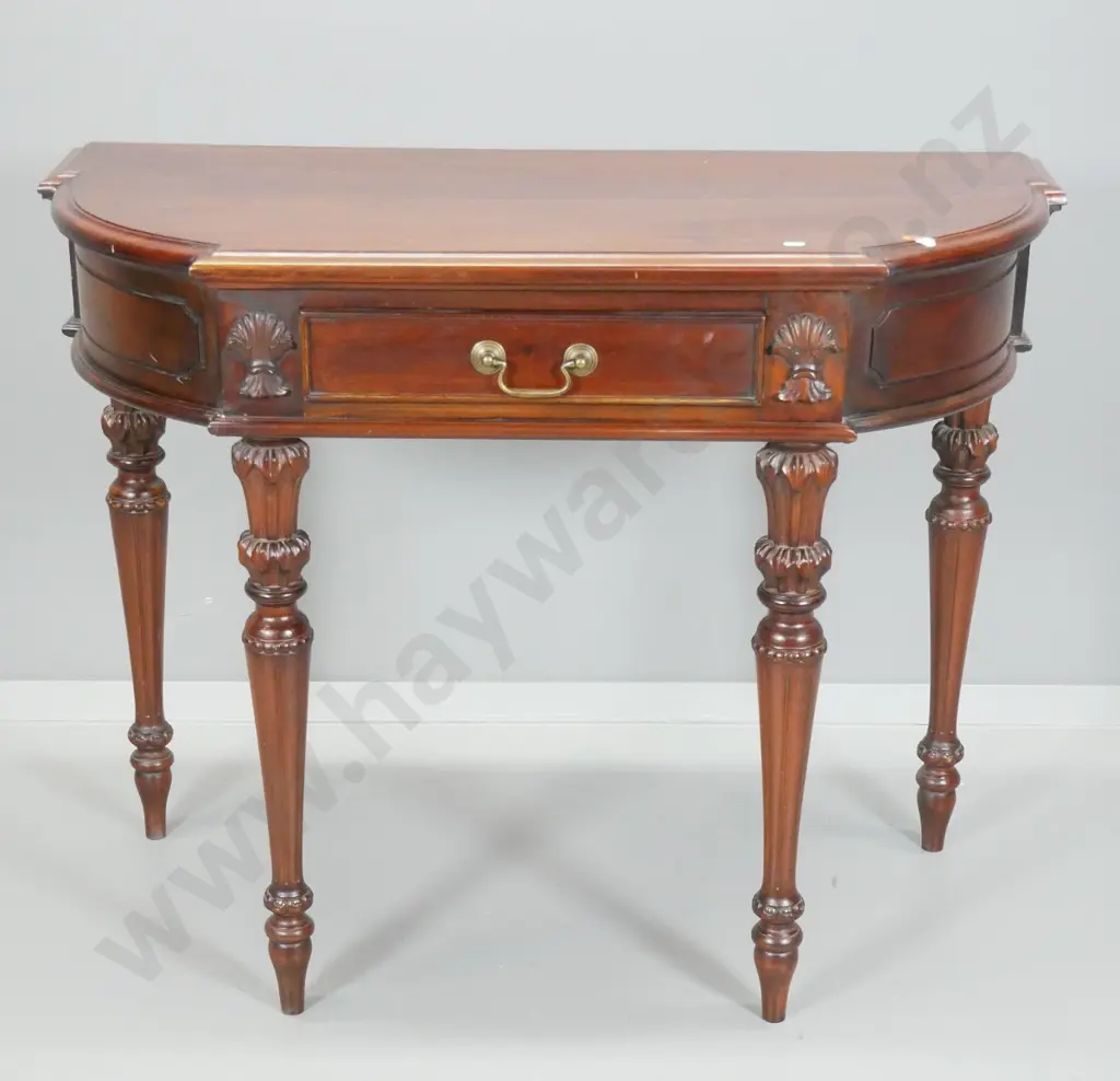 reproduction rounded end hall table w/single drawer, metal drop handle, carved details H-760 W-970 D-470 Image 1++