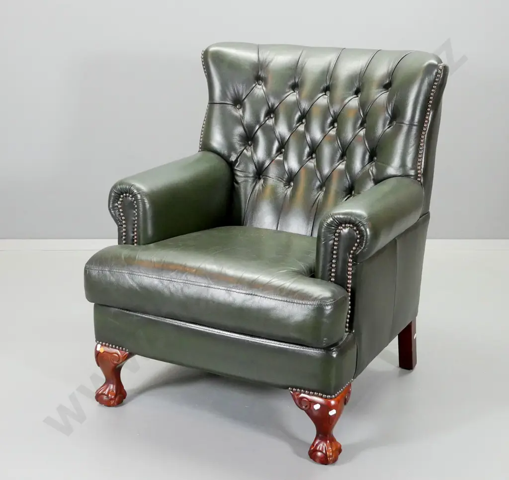 large deep-button studded dark green leather armchair w/carved ball & claw feet H960 W780 D840 Image 1++