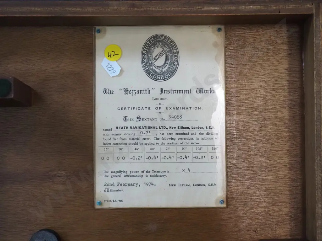 "Hezzanith" English made sextant in fitted wooden case & 1974 examination certificate - case H160 W310 D310 Image 1++