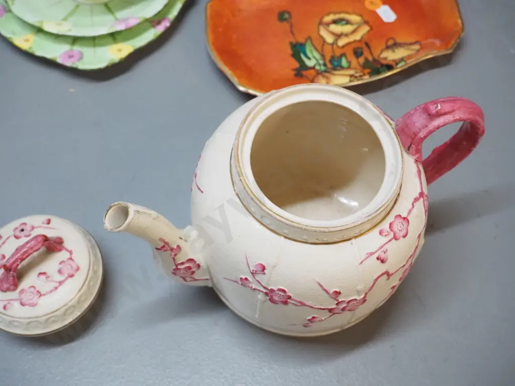 vintage English porcelain - Doulton relief pattern teapot, Carlton ware candlestick H260, Atlas trio, Royal Winton dish Image 1++