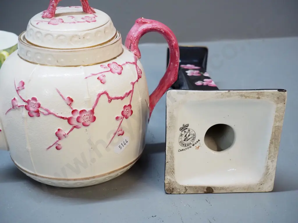 vintage English porcelain - Doulton relief pattern teapot, Carlton ware candlestick H260, Atlas trio, Royal Winton dish Image 1++