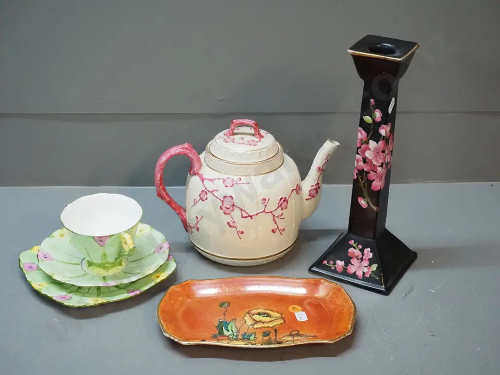 vintage English porcelain - Doulton relief pattern teapot, Carlton ware candlestick H260, Atlas trio, Royal Winton dish Image 1++
