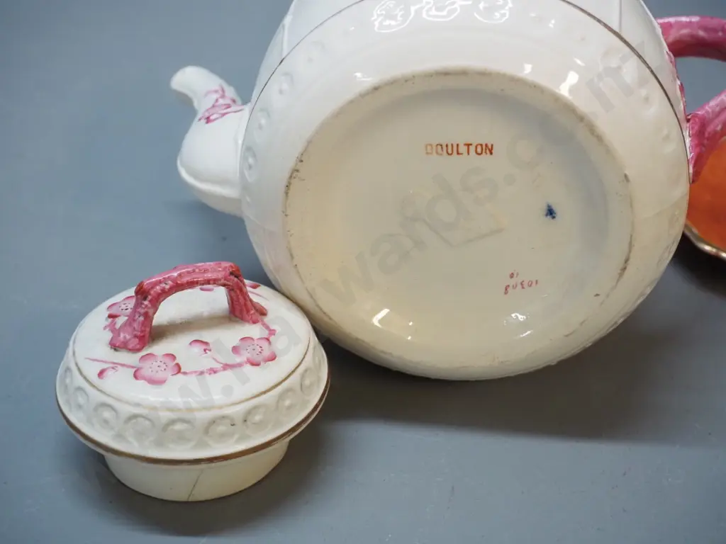 vintage English porcelain - Doulton relief pattern teapot, Carlton ware candlestick H260, Atlas trio, Royal Winton dish Image 1++