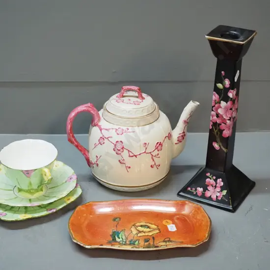 vintage English porcelain - Doulton relief pattern teapot, Carlton ware candlestick H260, Atlas trio, Royal Winton dish