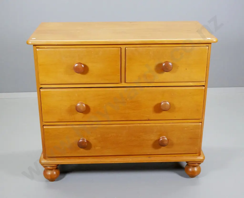 vintage rimu 4-drawer small Scotch chest w/turned handles, ball feet, has had repair to back, H820 W920 D450 Image 1++