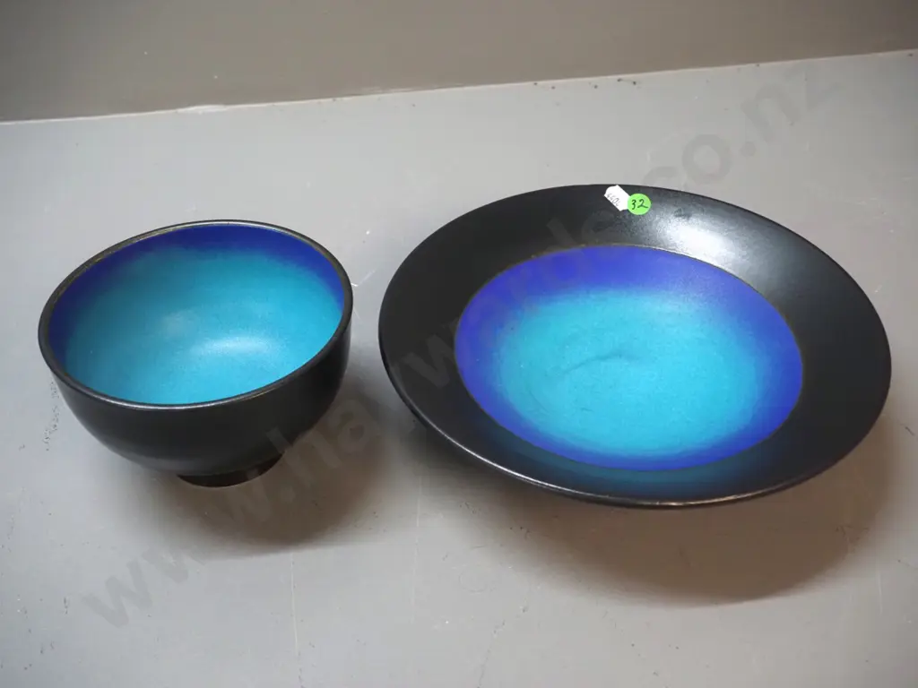 2 Danny Moorwood studio pottery black and bright blue/teal bowls - larger is D-255 Image 1++