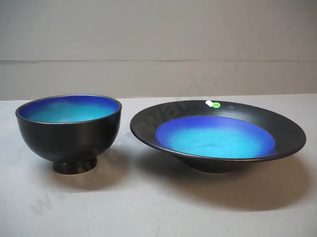 2 Danny Moorwood studio pottery black and bright blue/teal bowls - larger is D-255 Image 1++
