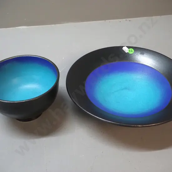 2 Danny Moorwood studio pottery black and bright blue/teal bowls - larger is D-255