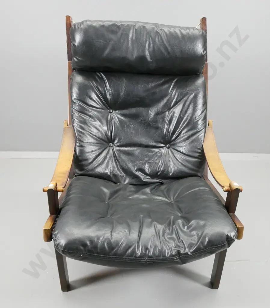 mid-century deep buttoned 'supelle' vinyl upholstered sling back chair w/ leather strap arms - damage to back of cushion Image 1++