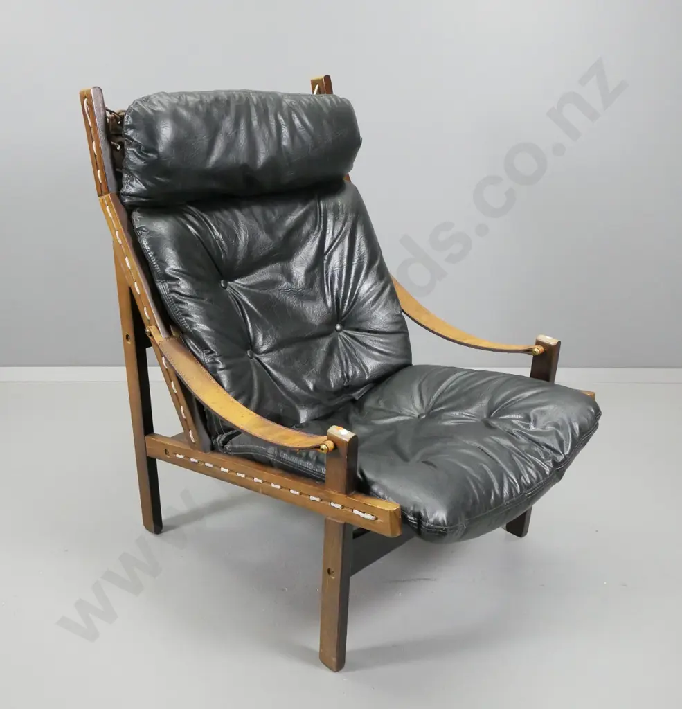 mid-century deep buttoned 'supelle' vinyl upholstered sling back chair w/ leather strap arms - damage to back of cushion Image 1++