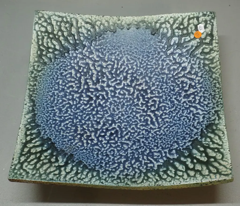 Danny Moorwood studio pottery large square footed bowl or dish - mottled blue/teal 340 x 350 Image 1++