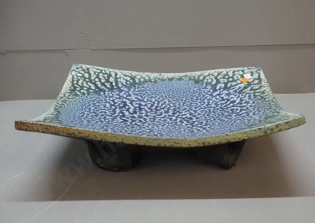 Danny Moorwood studio pottery large square footed bowl or dish - mottled blue/teal 340 x 350 Image 1++