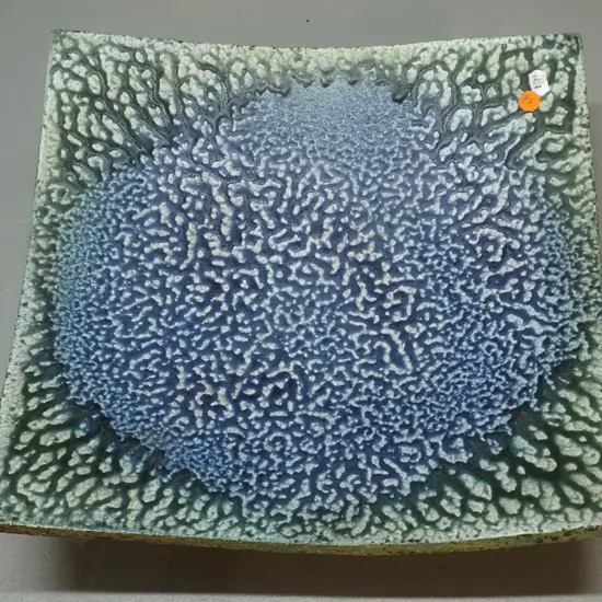 Danny Moorwood studio pottery large square footed bowl or dish - mottled blue/teal 340 x 350