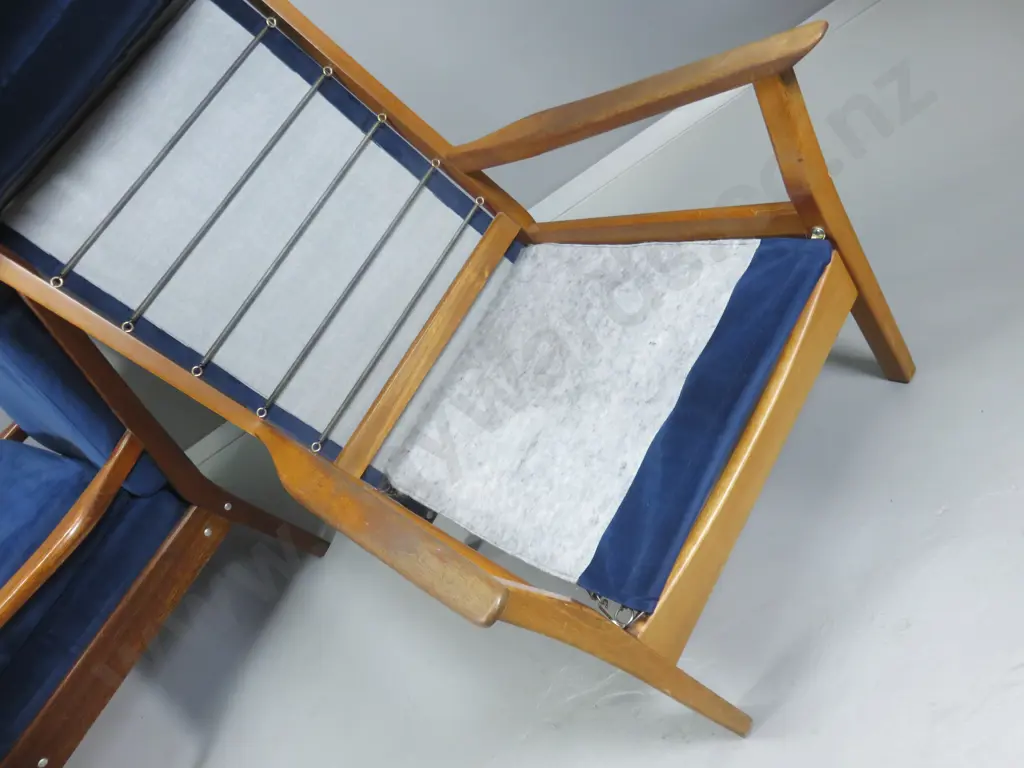 pair of mid-century Don mahogany framed high-back lounge chairs w/deep blue suede fabric H930 W620 D790 Image 1++