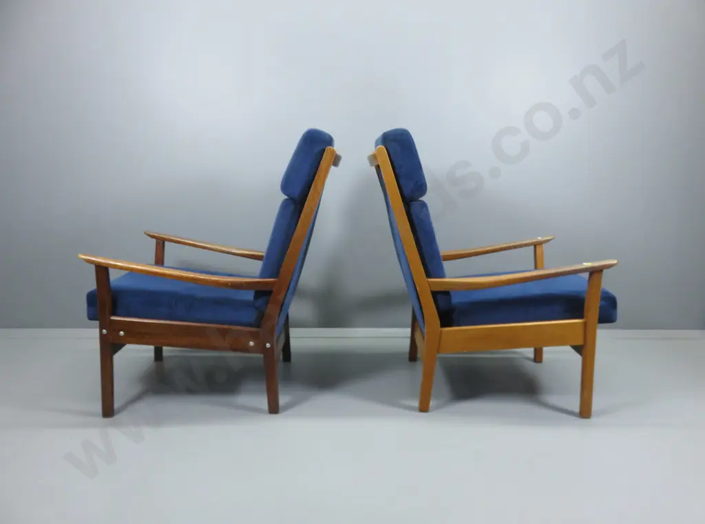 pair of mid-century Don mahogany framed high-back lounge chairs w/deep blue suede fabric H930 W620 D790 Image 1++